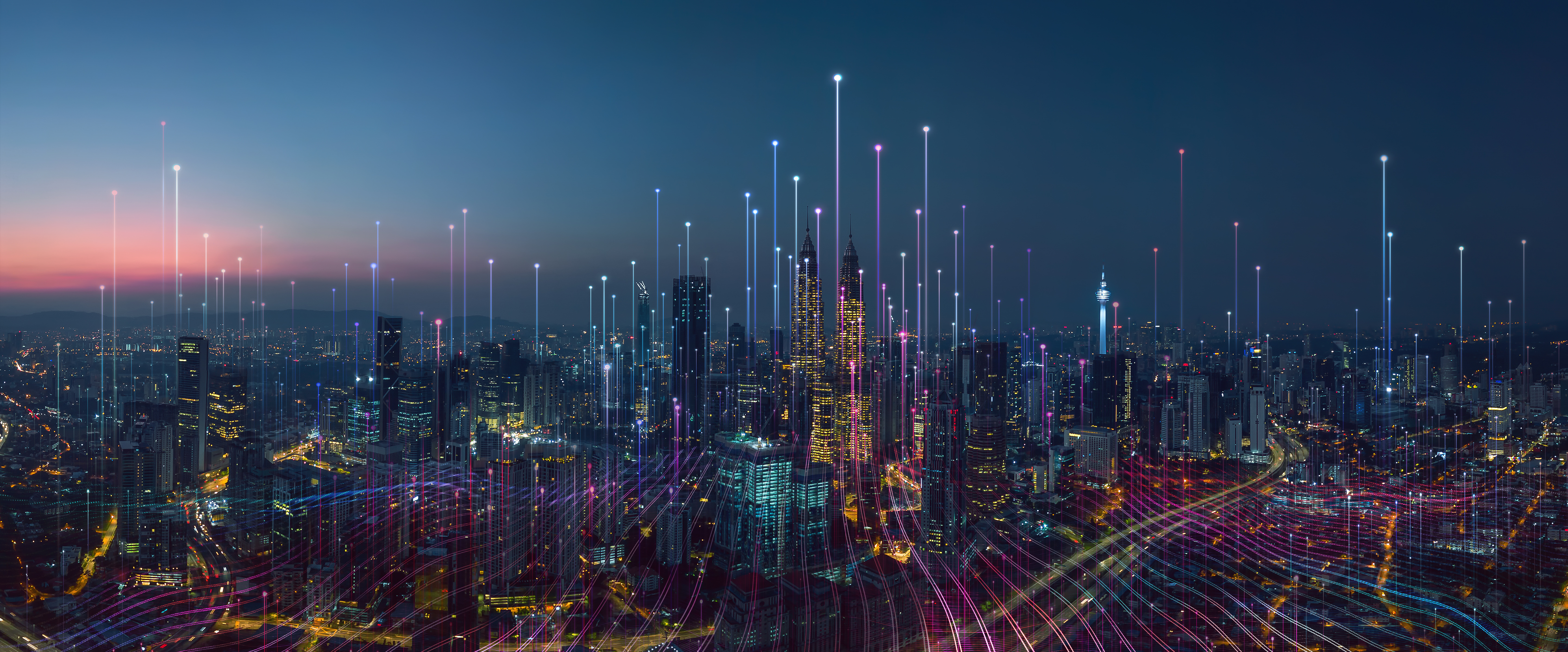 Smart city and abstract dot point connect with gradient line and intricate wave line design